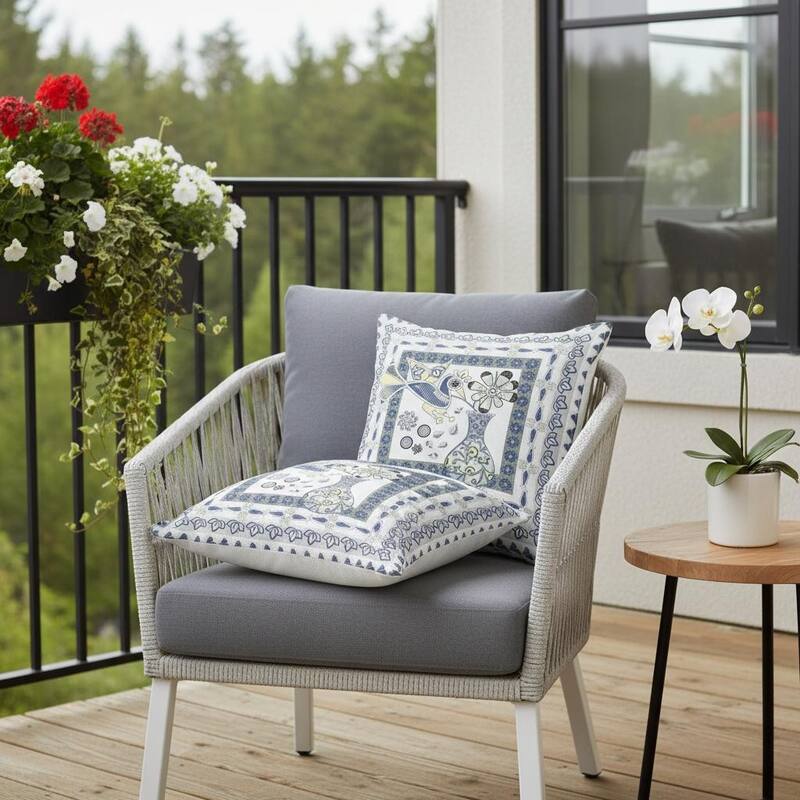 HomeRoots Set of Two 16" X 16" Gray and White Peacock Blown Seam Floral Indoor Outdoor Throw Pillow - 16.00' X '16.00' X '5.00 - Gray/White - 16.00' X '16.00' X '5.00