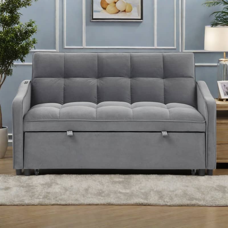 53" Foam Adjustable Loveseat Sofa Bed with Pull-Out Bed, USB/Type-C Charging, Copper Nail Trim, and Arm Storage Pockets - Grey