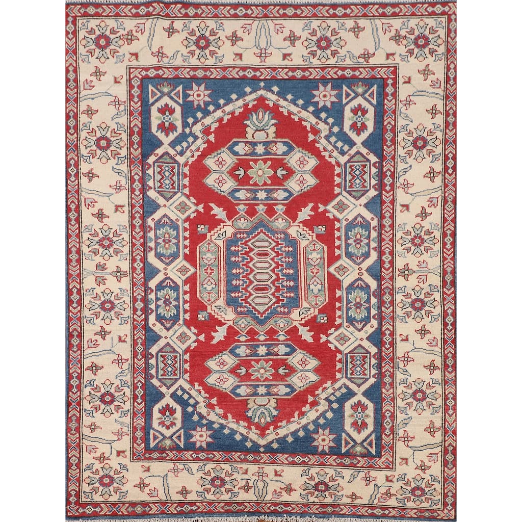 Kazak Oriental Area Rug Hand-Knotted Traditional Blue Wool Carpet - 4'11" x 6'7"