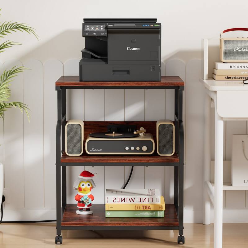 Javlergo 3-Tier Rolling Printer Stand with Locking Wheels Charging Station & AC/USB Outlets Mobile Office Storage Cart