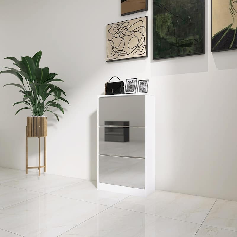 Wood Slim Shoe Storage Cabinet with Mirror