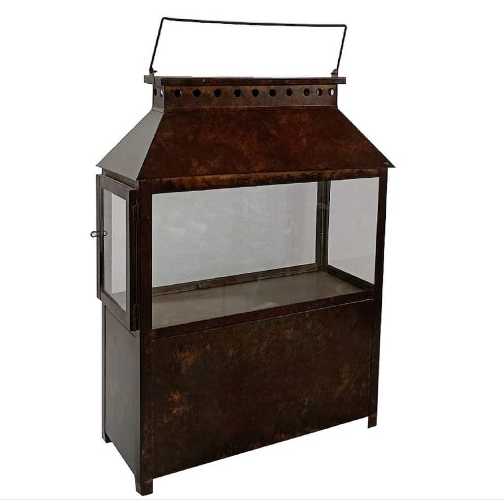 Iron & Glass Lantern Brown Patina Tempered Glass H 24.8" - BROWN PATINA