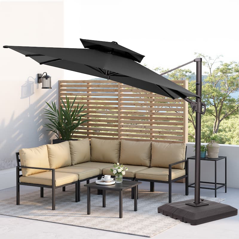 Pellebant 9 x 11 ft Outdoor Patio Cantilever-Offset Umbrella with Weight Base Double Top