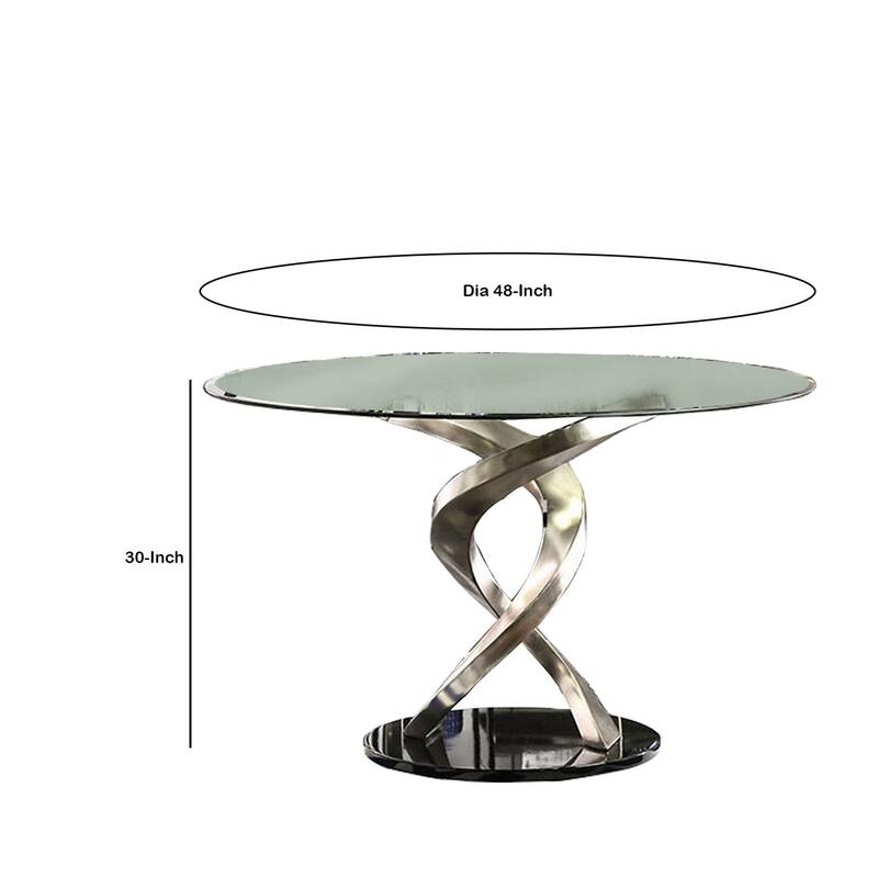 Contemporary Round Dining Table with Swirl Metal Base, Black and Silver