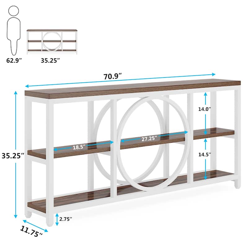 Extra Long Console Table, 70.9 inch Narrow Sofa Tables with 3 Tier Wood Storage Shelves, Rustic Brown Black - 11.75" * 70.9"