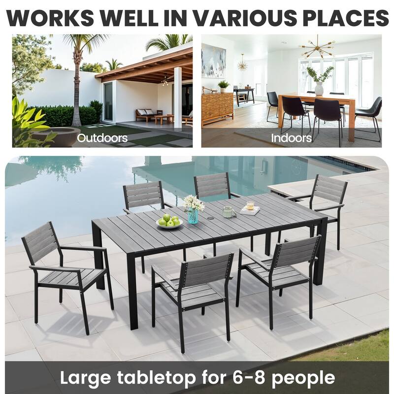 7-Piece Outdoor Patio Dining Set Rectangle Dining Table with Umbrella Hole and Stackable Chairs