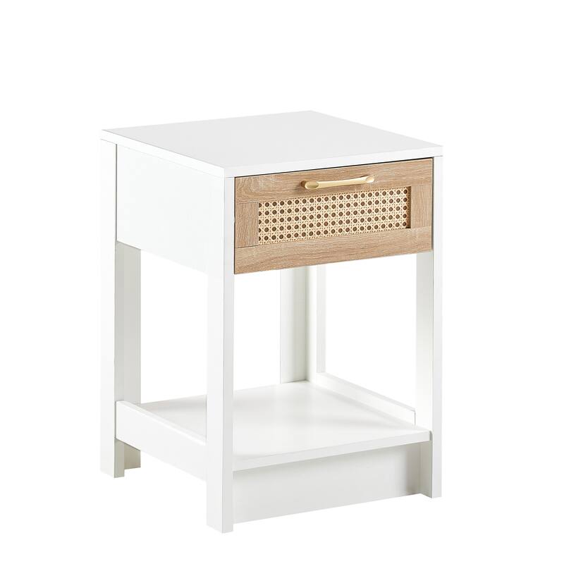 Modern Rattan End table/Side Table with 1 Drawer and 1 Open Shelf