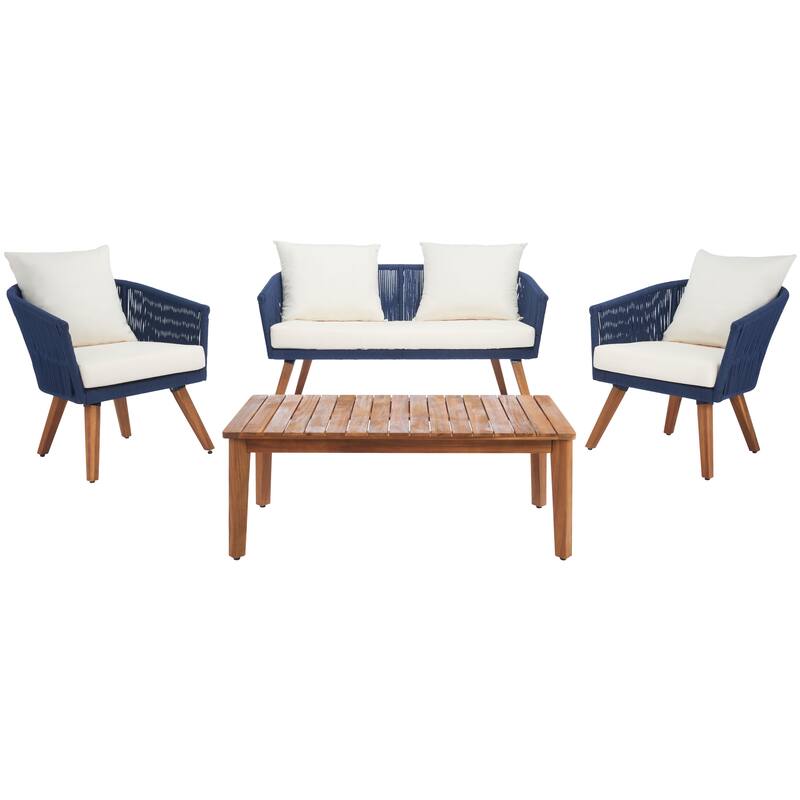 SAFAVIEH Outdoor Erinka 4-Piece Living Set - 55W x 30D x 28H - Navy/Beige