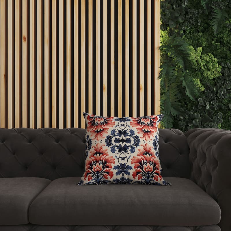 Grey And Red Damask Rapture Indoor/Outdoor Throw Pillow Zipper