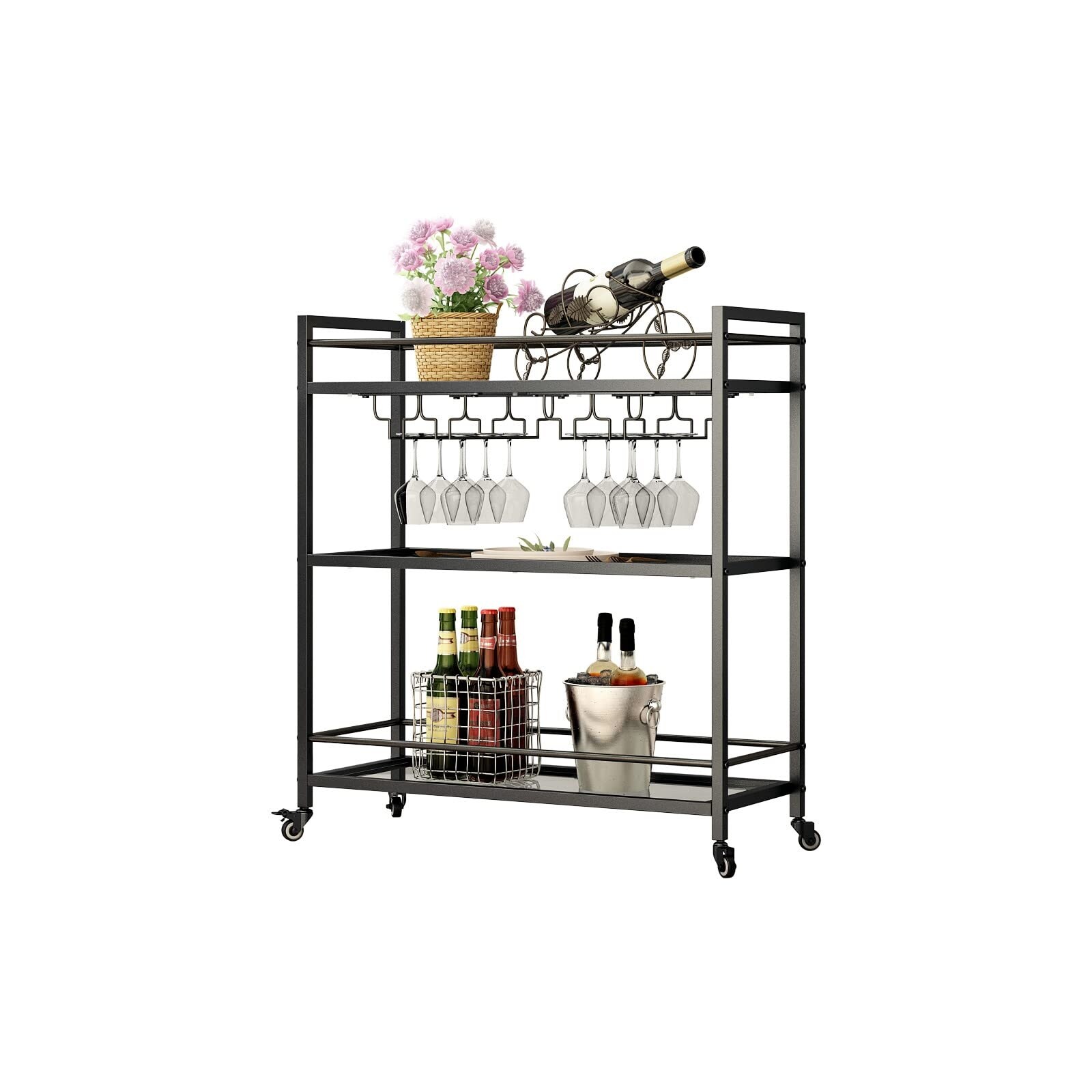 Glass Black Bar Carts for Home with Hanging Wine Rack Home Bar