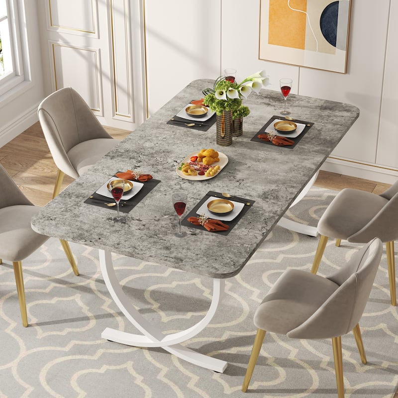 Rectangular Dining Table for 4 to 6, 63 Inch Modern Kitchen Table with Faux Marble Table Top and Metal Legs
