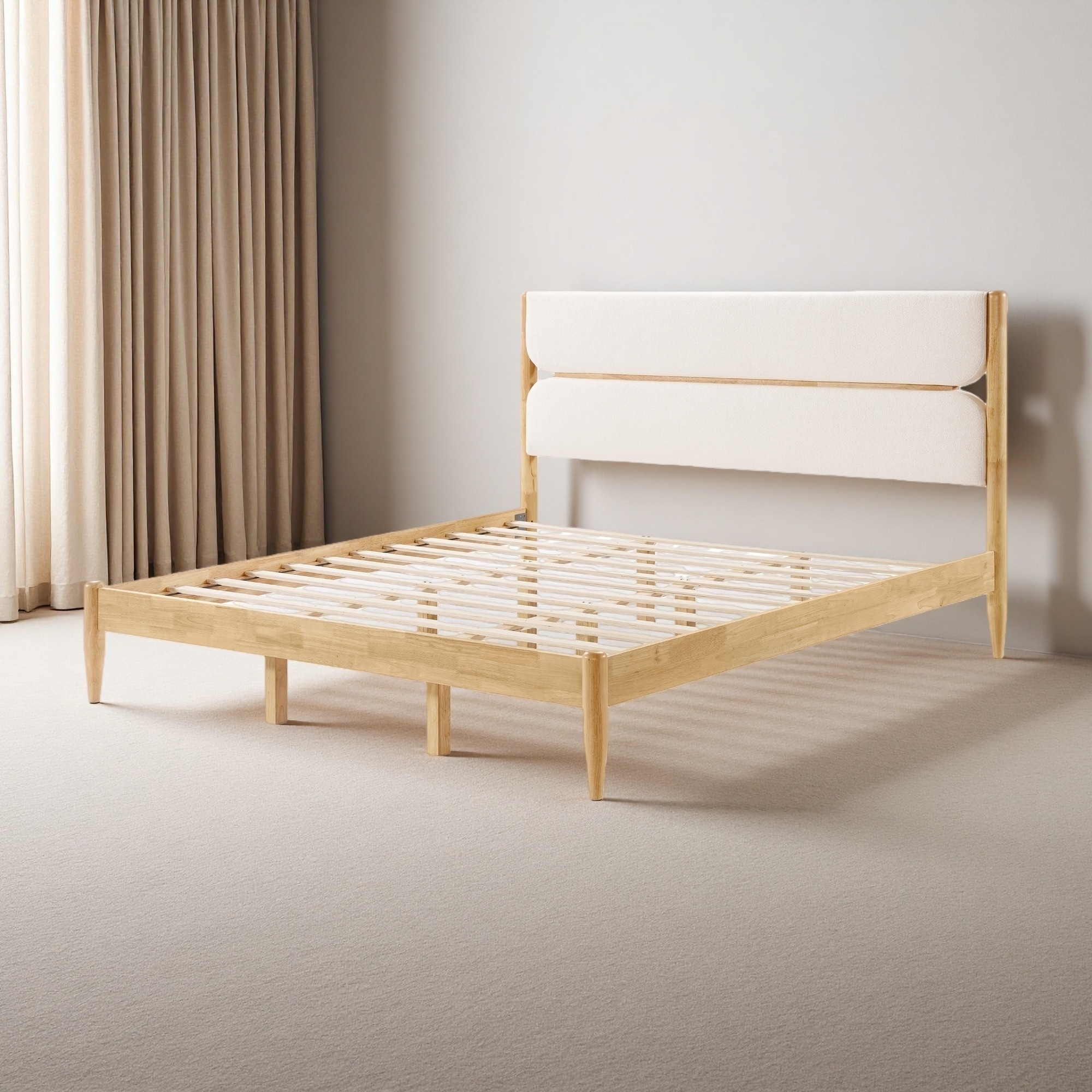 King Solid Wood Platform Bed with Fleece Upholstered Headboard