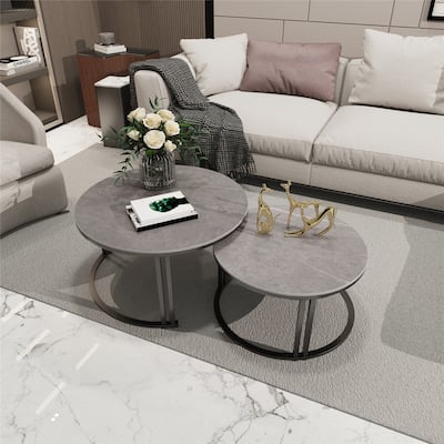 2 Pack Round Nested Coffee Table Sintered Stone-top Side Sofa Table