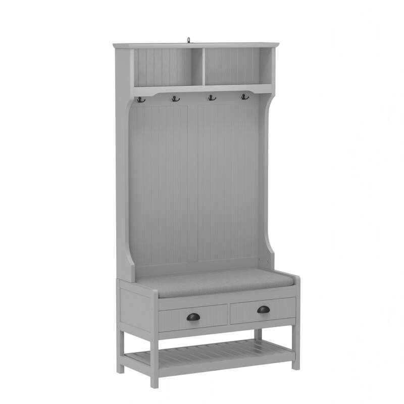3-in-1 Hallway Hall Tree with 2 Storage Drawers, 4 Coat Hooks, Padded Bench Cushion, Entryway Shoe Rack with Top Shelves