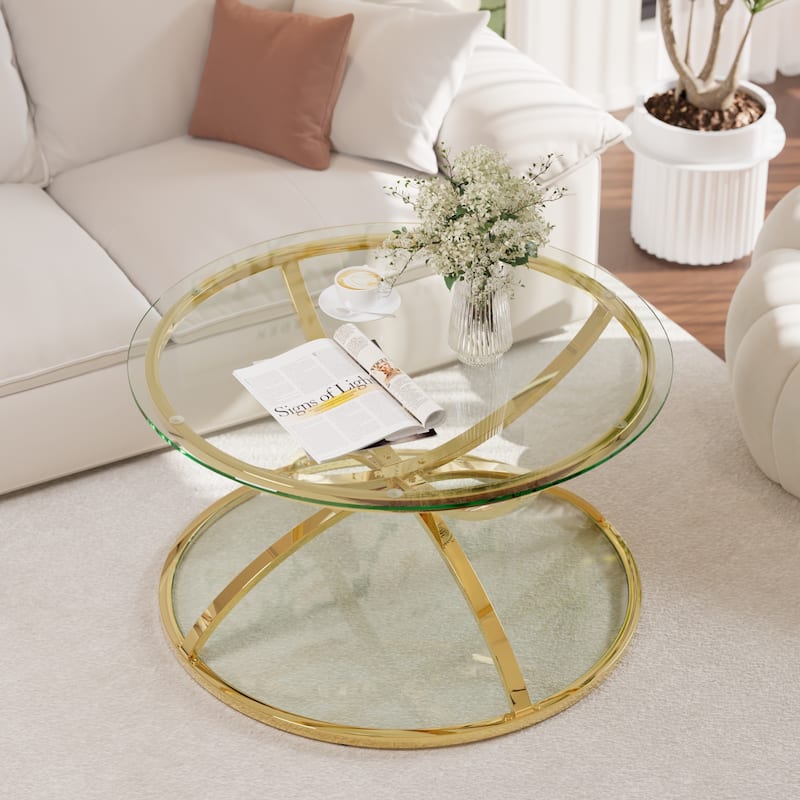 Modern 2 Tiers Glass Coffee Table with Ring-Shaped Metal Frames