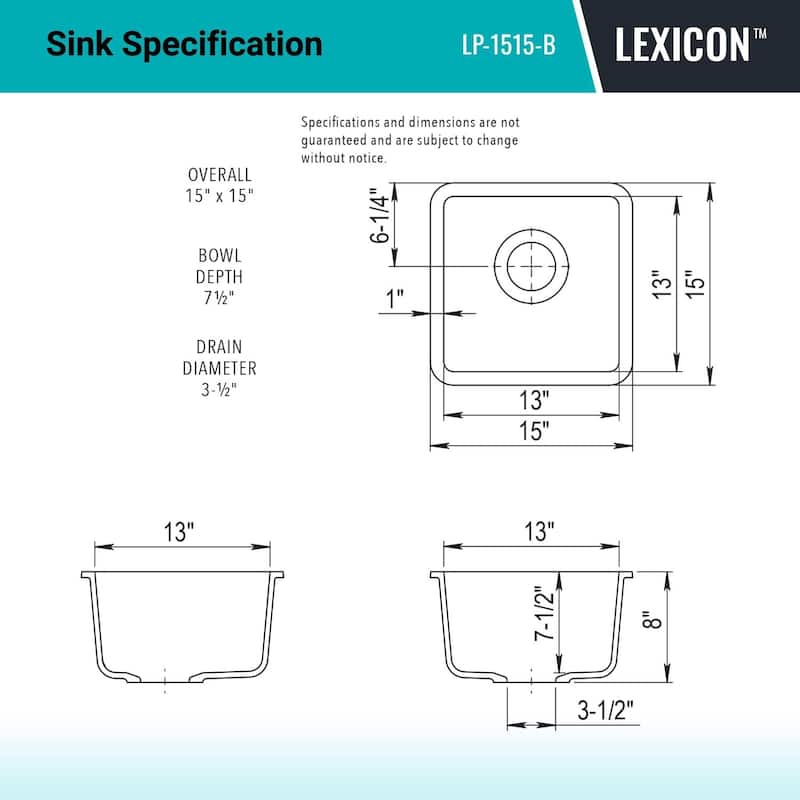 15" x 15" Quartz Kitchen Sink, Single Bowl Kitchen Sinks, Drop in Kitchen Sink, Granite Composite Kitchen Sink,... - 15"x15"