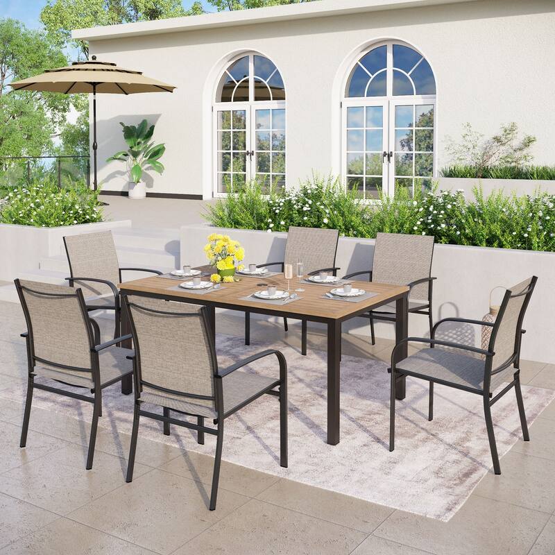 MAISON ARTS Outdoor Patio Dining Set 7 Piece Furniture Set with 6 Textilene Chairs and Metal Rectangular Brown Dining Table - Brown
