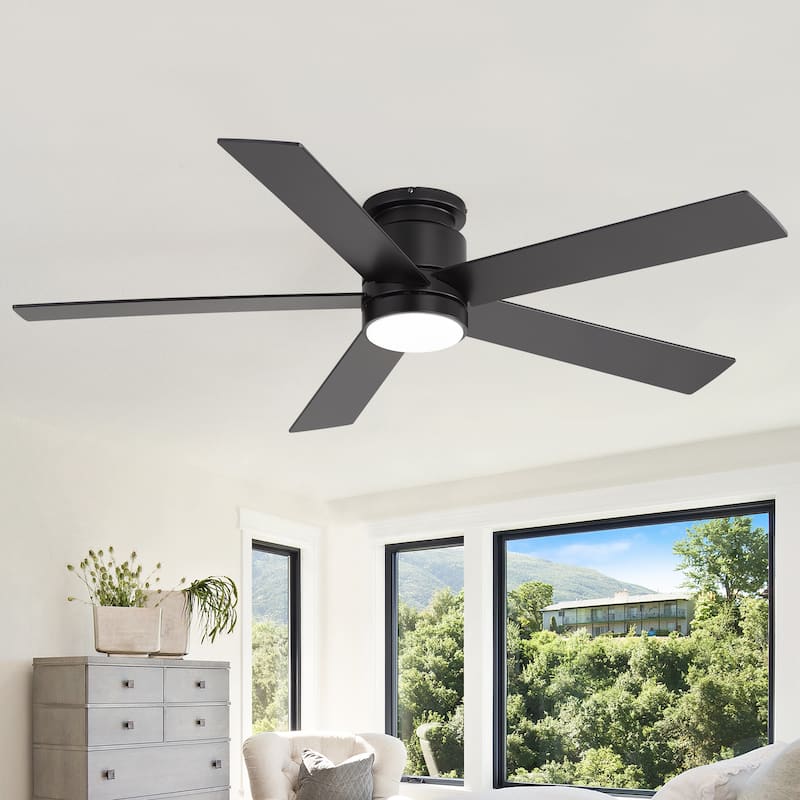 42"/52" Modern Black Flush Mount Ceiling Fan with LED Light and Remote