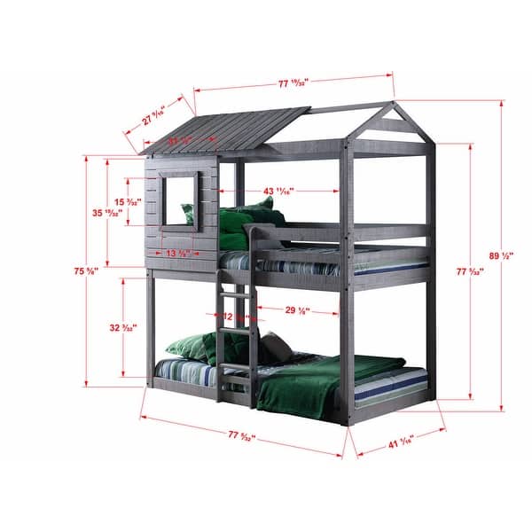 dimension image slide 2 of 2, Donco Kids Light Grey Twin over Twin Loft Bunk Bed