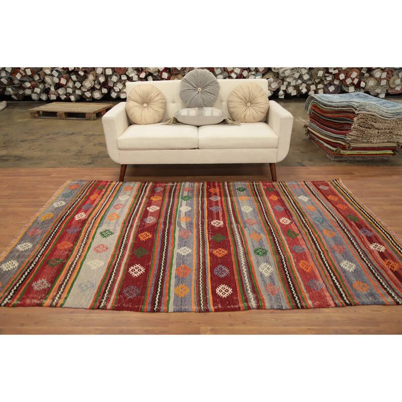 Hand Woven Oriental 100% Wool Carpet Southwestern Tribal Multi-Colored Kilim Area Rug - 8' 4'' X 5' 4''