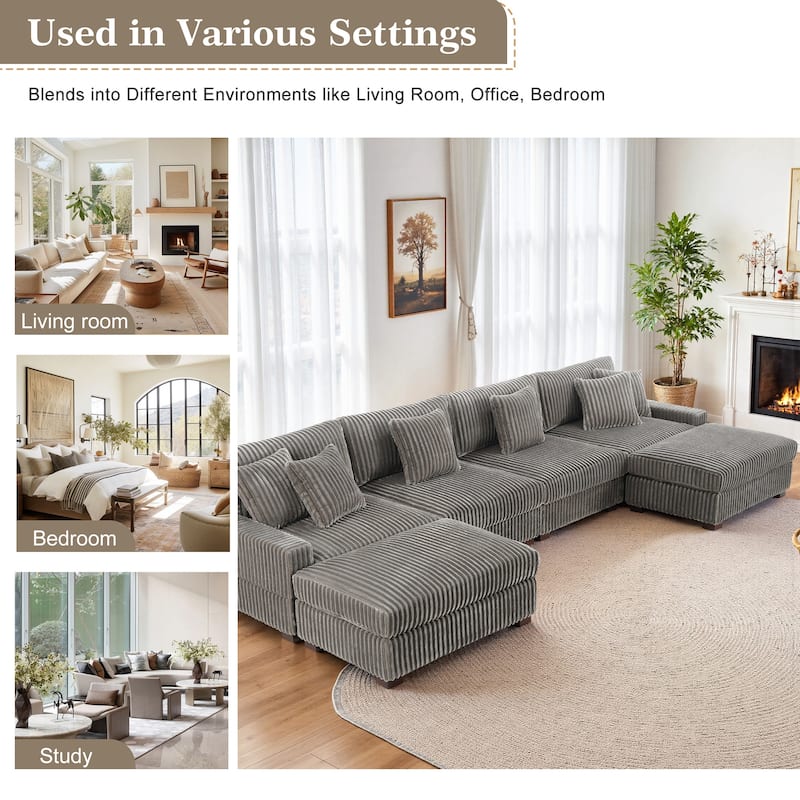 Anne 150" W Upholstered Plush Corduroy Modular Sectional Sofa