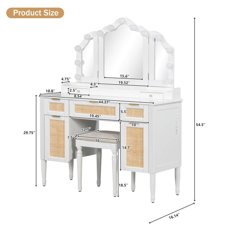44.37" Makeup Vanity Desk with 13 Hollywood Bulbs, Tri-Fold Mirror, 5 Drawers and Charging Station