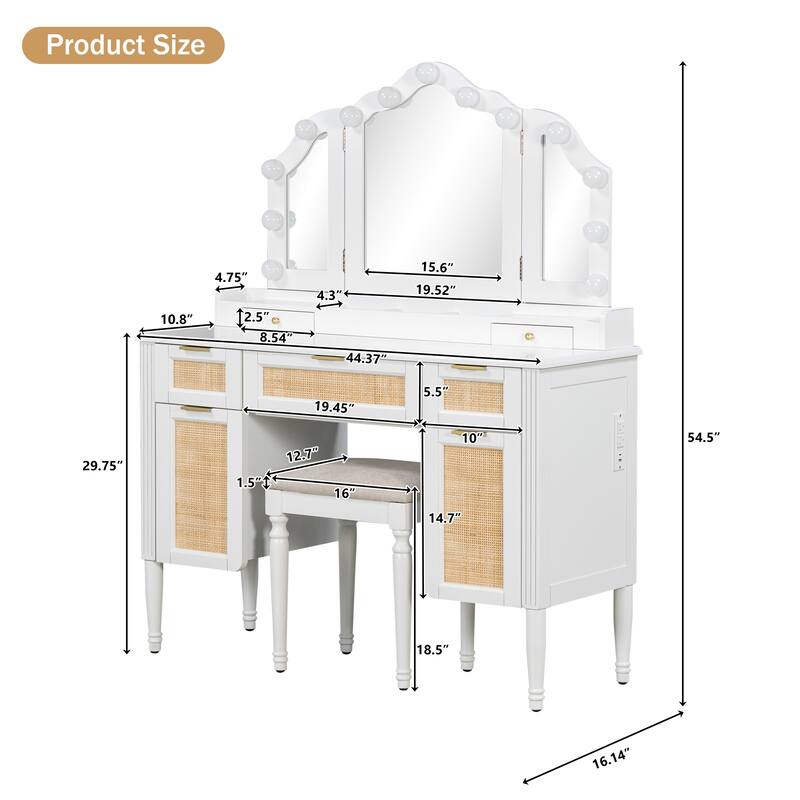 Bohemian Makeup Vanity Desk with 13 Bulbs & Tri-Fold Mirror, Built-in Charging Station Dressing Table with Makeup Stool, White