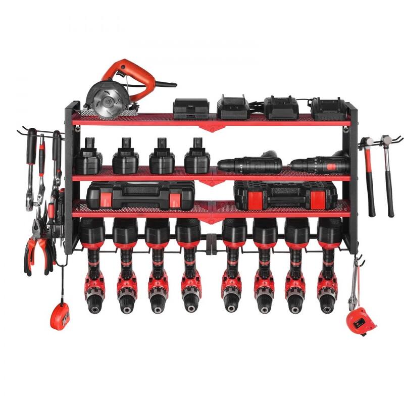 4-Tier Wall Mounted Tool Rack with 8 Drill Slots and Adjustable Shelf Pegboard Organizer - 32.87” x 8.66” x 16.54”
