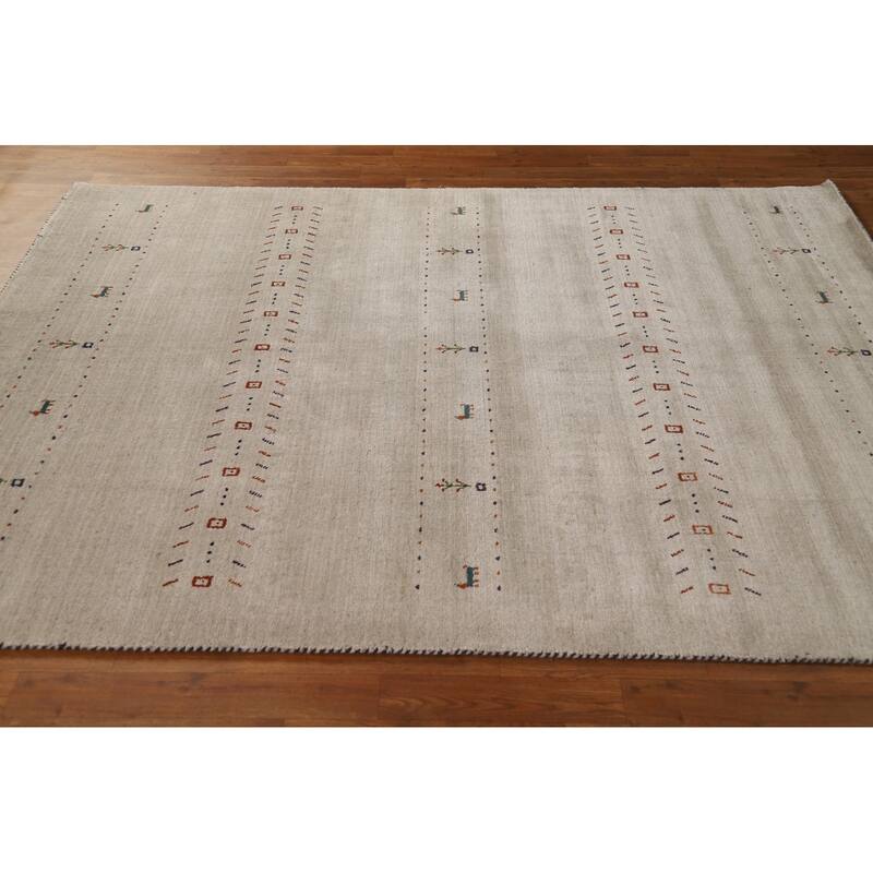 Modern Gabbeh Oriental Area Rug Handmade Beige Wool Carpet - 5'9" x 7'9"