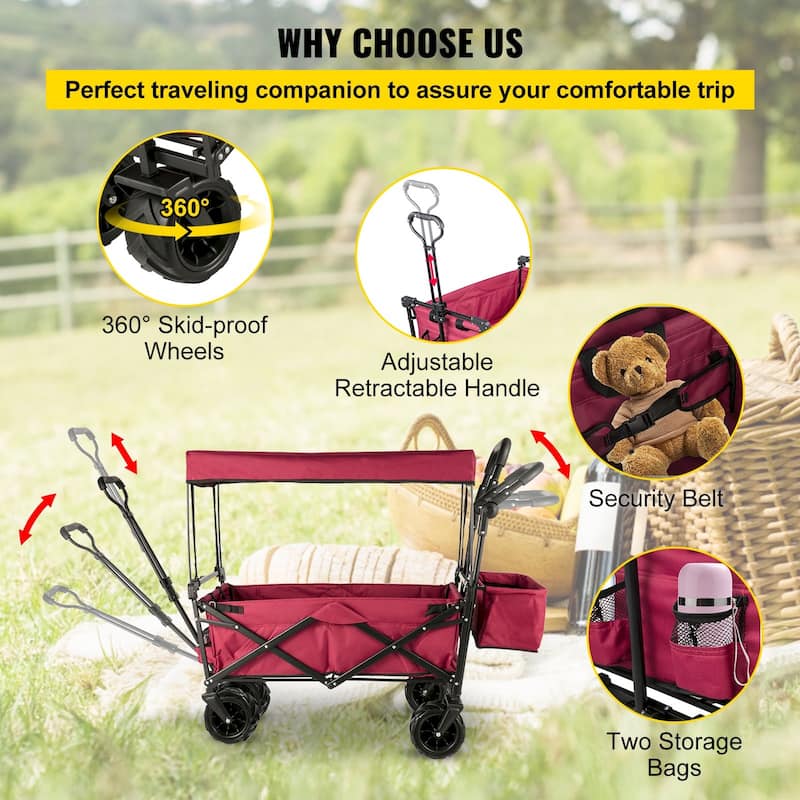 Steel 600D Oxford Folding Wagon 220lbs Cart w/ Canopy & Wheels - 39"x21.4"x39"
