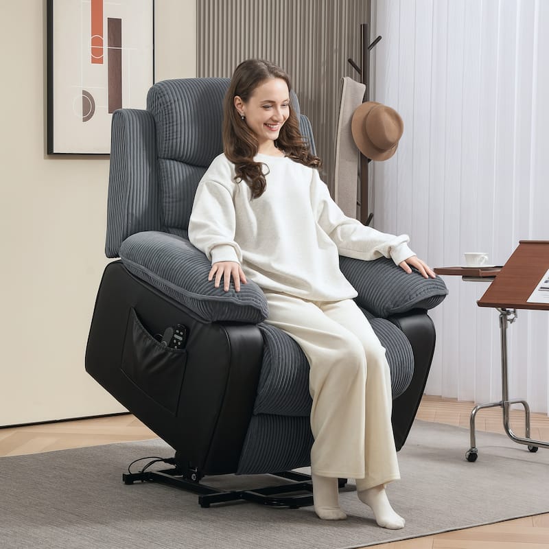Dark Grey Power Lift Recliner Chair with Massage Heated Lumbar and USB Remote Overstuffed Comfort