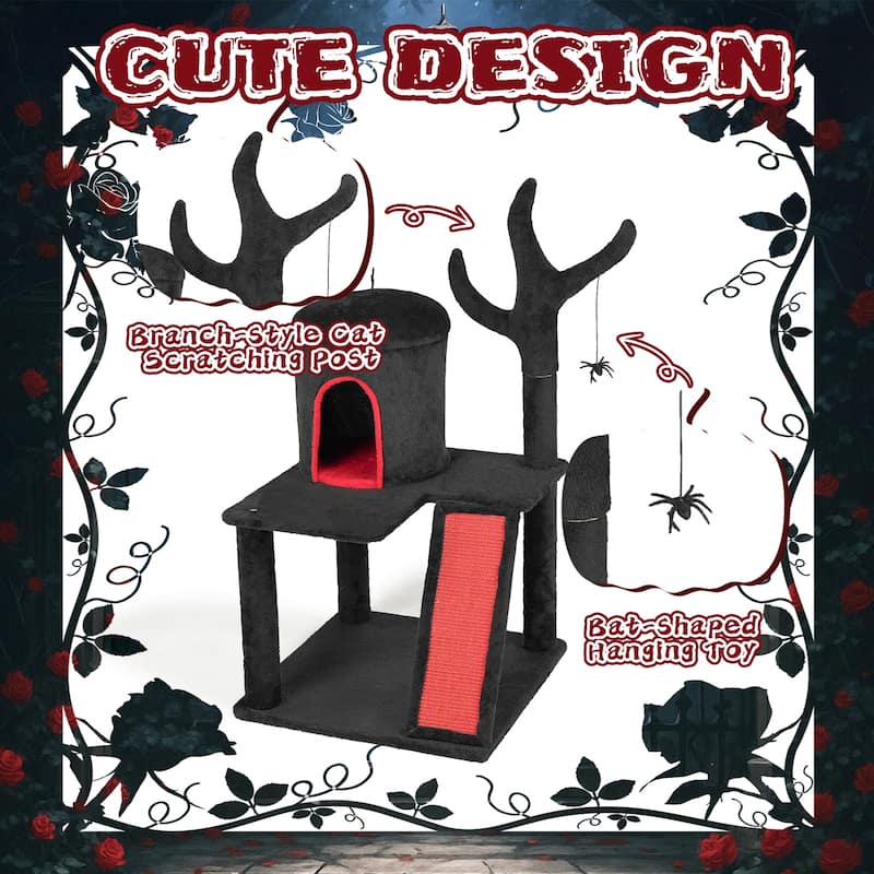 42" Gothic Cat Tree with Red Black Condo and Sisal Scratching Posts Ladder and Spider Toy