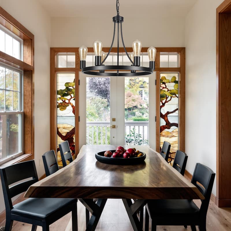 6-Light Farmhouse Metal Round Wagon Wheel Chandelier for Dining Room Living Room Bedroom Kitchen - 19.68'' D x 16.14'' H