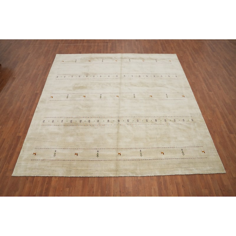 Hand Knotted Oriental 100% Wool Carpet Tribal Animal Pictorial Beige & Ivories Gabbeh Area Rug - 9' 11'' X 9' 10''