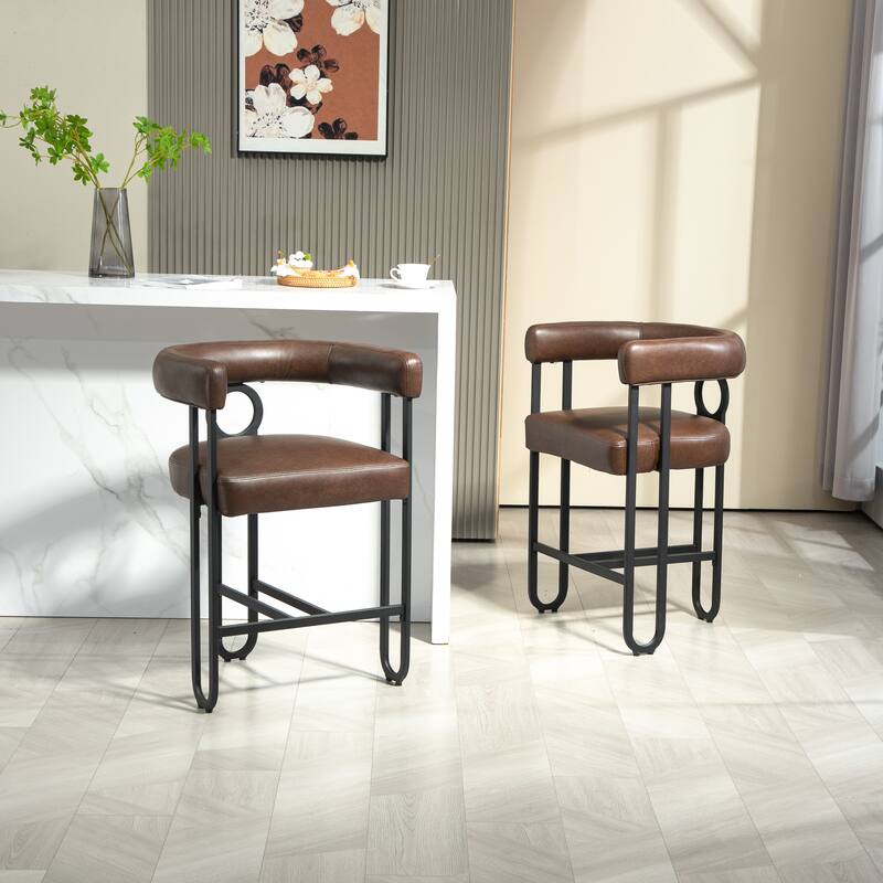 Bar Stools Set of 2, Upholstered Counter Height Stools with Back, Kitchen Island Chairs with Footrest and Metal Frame