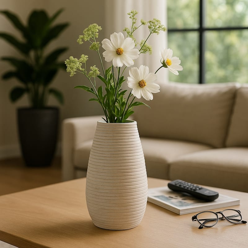Decorative Ribbed Tall Vase for Home Decor - Minimalist Modern Flower Vase
