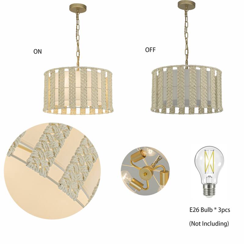 Roka 3-Light Rattan Rope Drum Pendant, Coastal Boho - Handwoven - 18" Wide