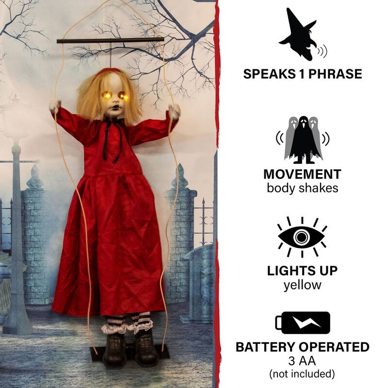 Haunted Hill Farm 47-In. Red the Animated Swinging Zombie Girl, Indoor or Covered Outdoor Halloween Decoration, Battery Operated