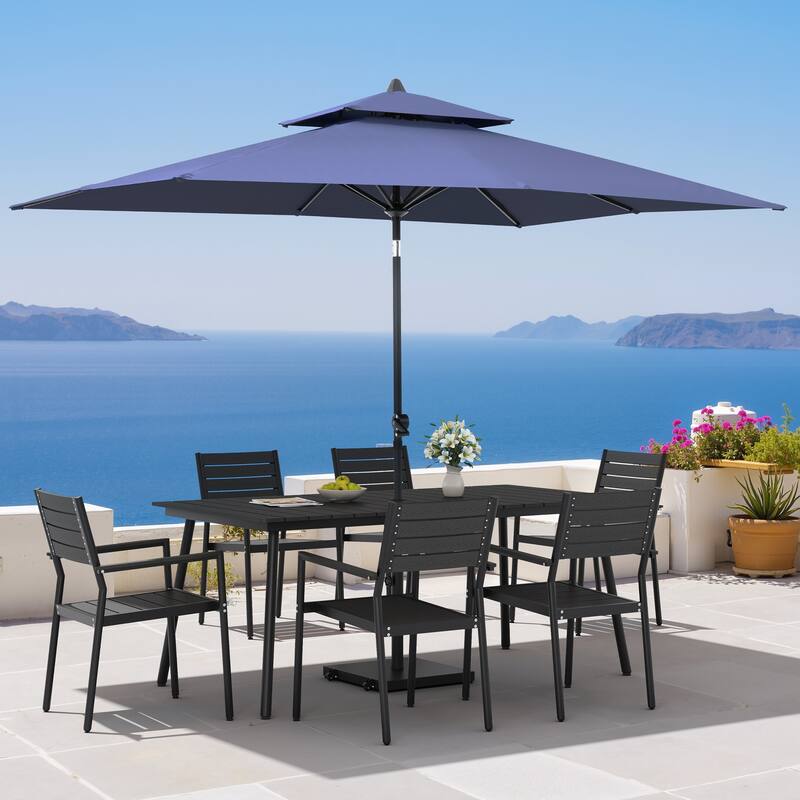 9PC Outdoor Patio Dining Set Wood-Like Aluminum Table with Stackable Armchairs,Double Top Market Umbrella and Wheel Base - BlackTable&BlackChairs&NavyBlueUmbrella