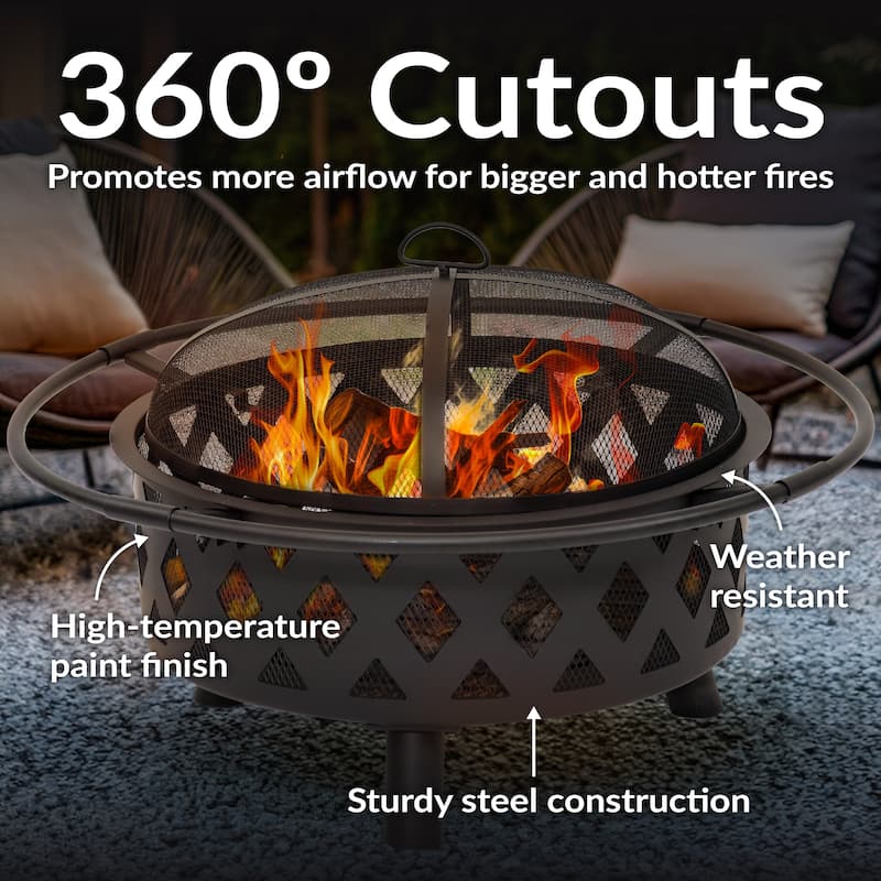 Sunnydaze Crossweave Wood-Burning Fire Pit with Spark Screen and Poker