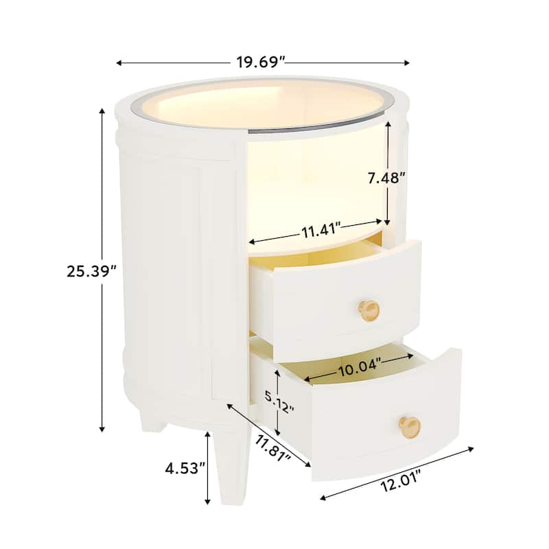 Round LED Bedside Table Nightstand with 2 Drawers and Open Shelf for Bedroom