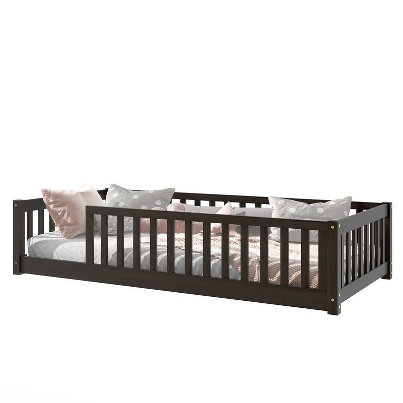 Twin Size Floor Bed with Fence without Door, Rubber Wood Floor Bed with Safety Guardrails
