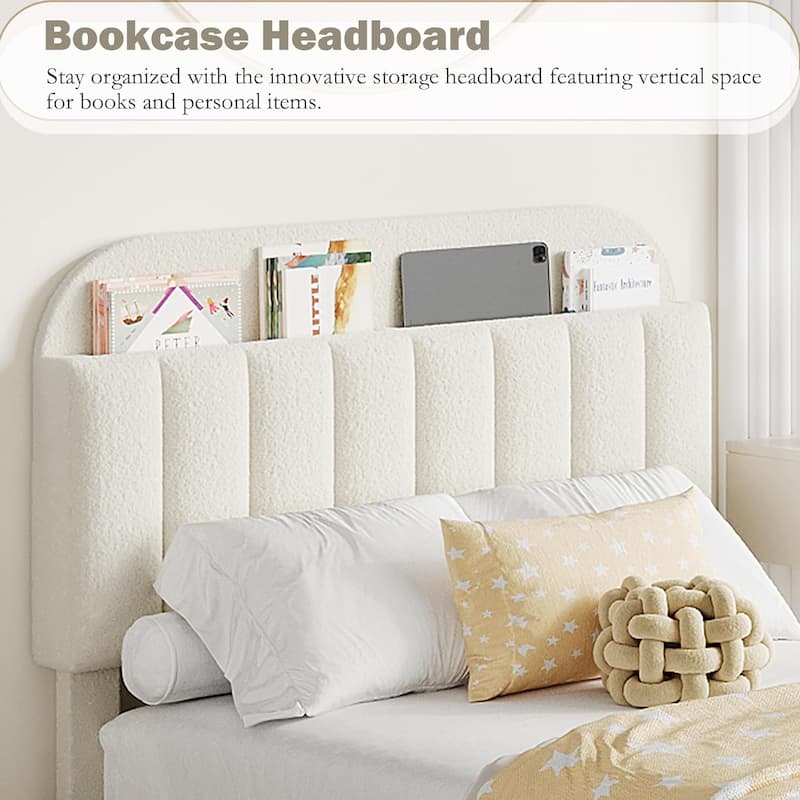Upholstered Platform Bed with Storage Drawers and Bookcase Headboard, Noise-Free and Easy Assembly