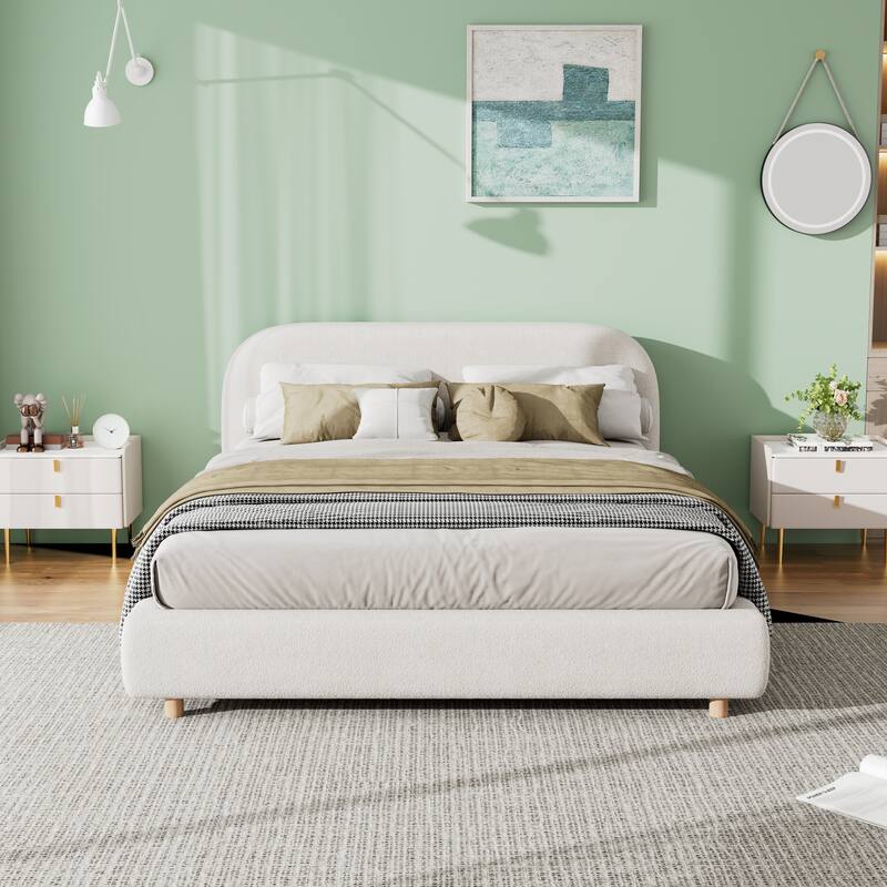 Low Profile Bed Wood Platform Bed Boucle Fabric Upholstered Bed with Curve-Shaped Design Headboard, No Box Spring Needed