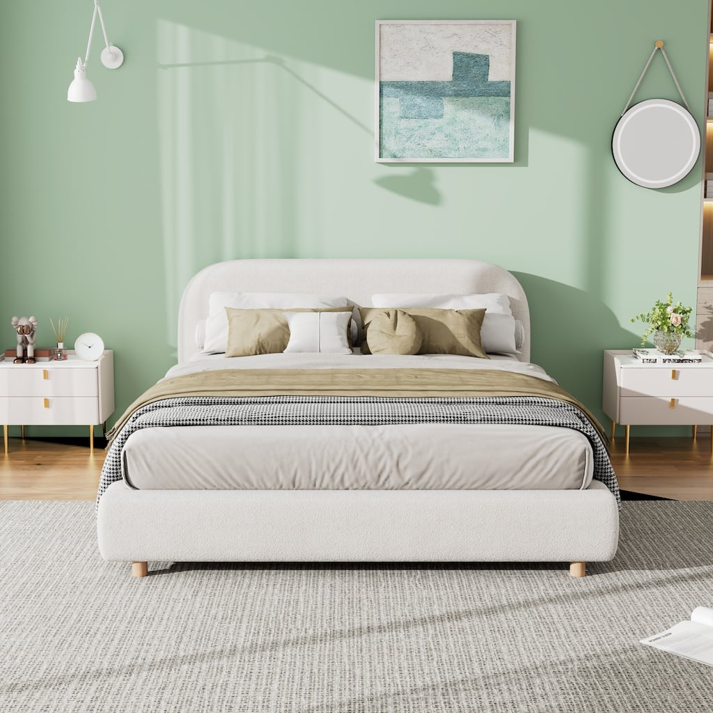 Upholstered Platform Bed Frame with Curved Shaped Headboard, Wood Slats, Wooden Bed Frame with Solid Wood Legs for Teens Adults