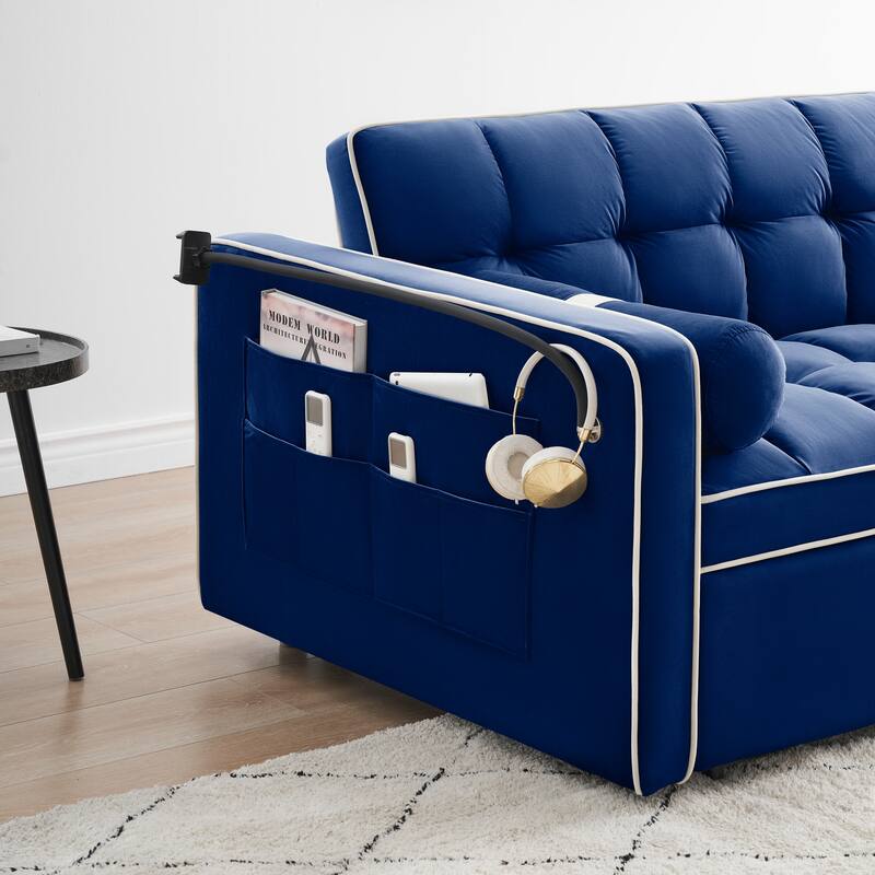 Blue 55'' Convertible 2-Seater Velvet Sleeper Sofa with Pull-Out Bed, Adjustable Recliner, Side Pockets, and Phone Holder