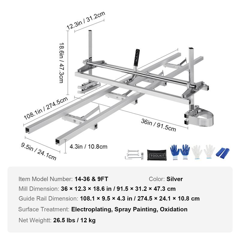 Chainsaw Mill and Rail Mill Guide System for Woodworkers and Carpenters - 14"-36" 9 ft