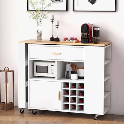 Kitchen Reversible Folding Island Cart Utility Storage Wine Shelves