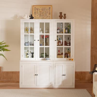 Roomfitters 75.25'' Pantry Cabinet Set with Glass Doors, Farmhouse Display Hutch Wall Storage Cabinet for Kitchen, White