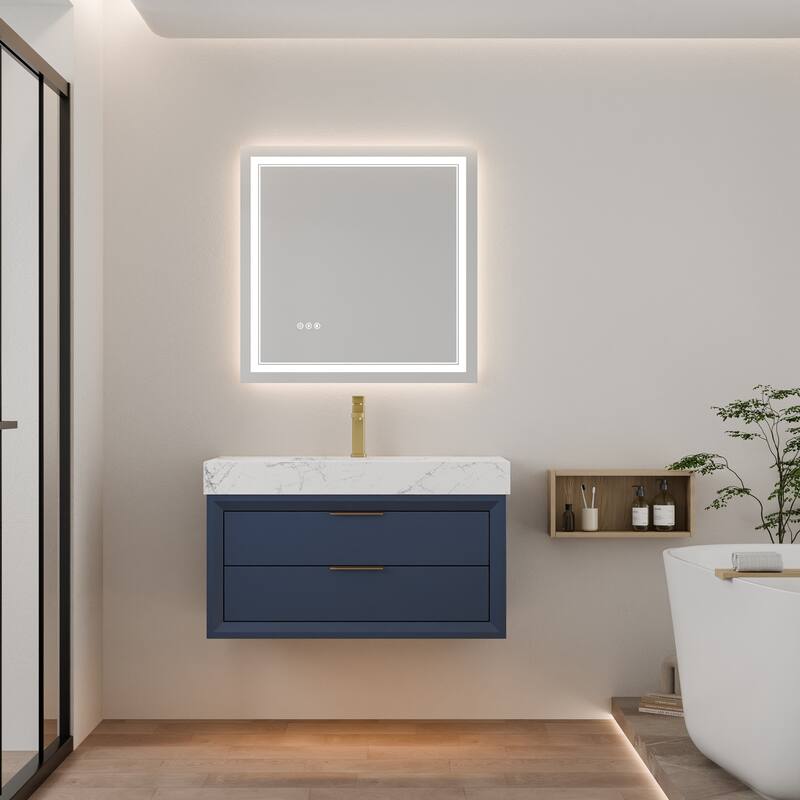 Modland 36" Wall-Mount Vanity with LED Light & 2 Soft-Close Drawers - Solid Oak, Black,White,Blue,Green - 36 inch